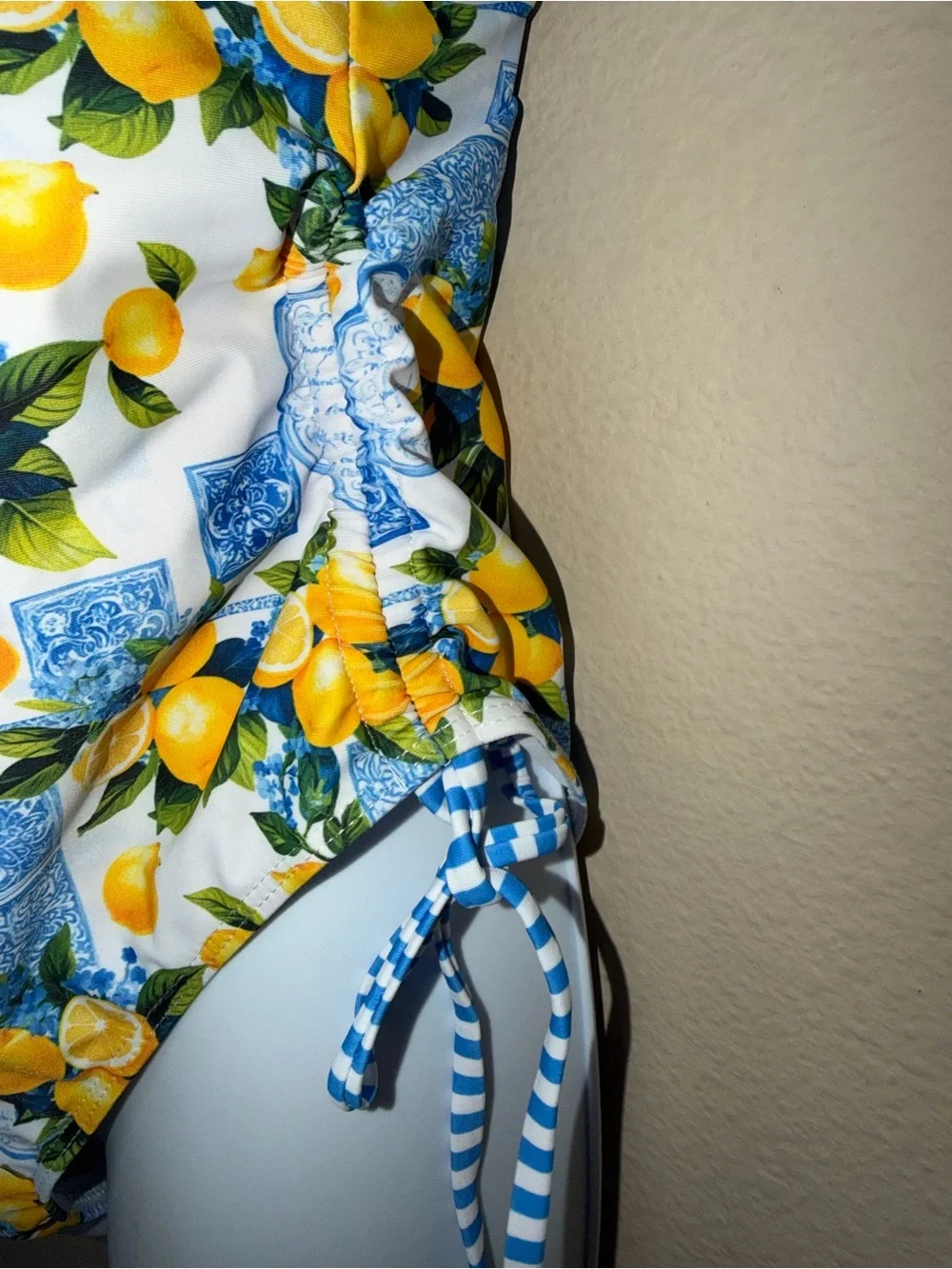 Women's Boho Lemon Print One-Piece Swimsuit - Blue & Yellow